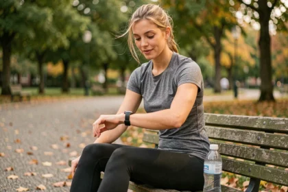 Femme joggeuse analysant ses chiffres de pace sur une montre connectée après une course en parc