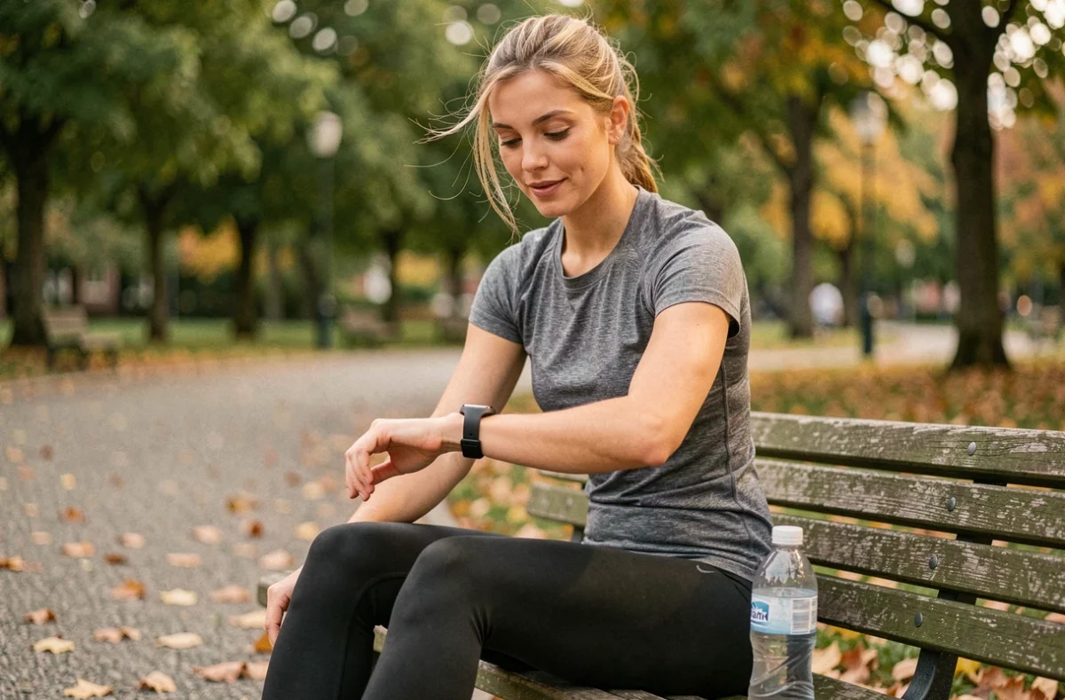 Femme joggeuse analysant ses chiffres de pace sur une montre connectée après une course en parc