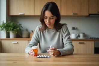 Femme lisant attentivement la notice d'un médicament anti-inflammatoire et d'un antibiotique posés sur une table en bois