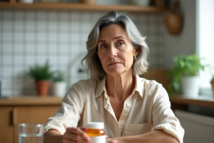 Femme lisant attentivement la notice d'un médicament Puissance 1000 à la table de sa cuisine pour limiter les effets indésirables
