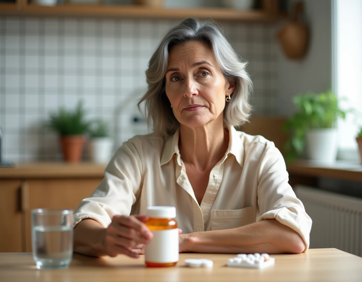 Femme lisant attentivement la notice d'un médicament Puissance 1000 à la table de sa cuisine pour limiter les effets indésirables