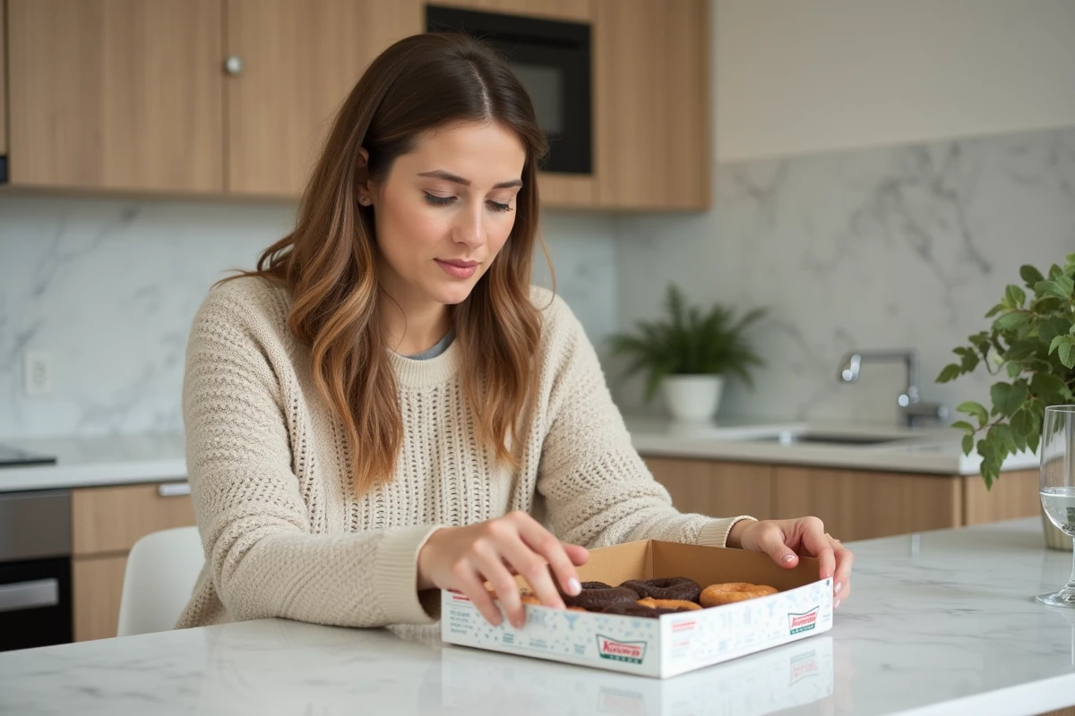 Femme lisant les informations nutritionnelles sur une boîte de donuts Krispy Kreme dans une cuisine moderne