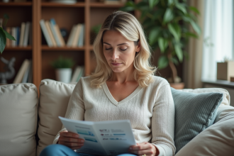 Femme d'âge moyen lisant une brochure médicale dans un salon