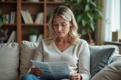 Femme d'âge moyen lisant une brochure médicale dans un salon