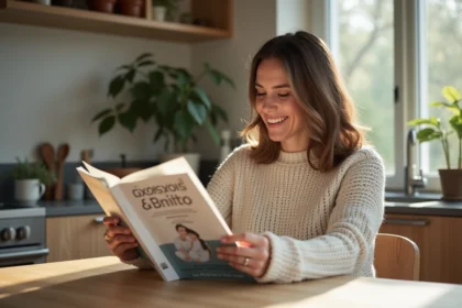 Femme souriante lisant Psychologie Positive dans une cuisine lumineuse