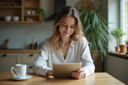 Jeune femme en loungewear utilisant une tablette pour la relaxation
