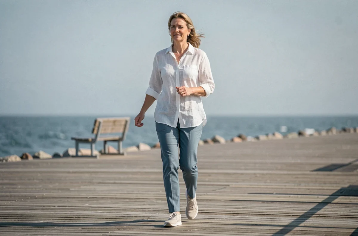 Femme d'âge mûr pratiquant la marche rapide en bord de mer pour maigrir et améliorer sa condition physique