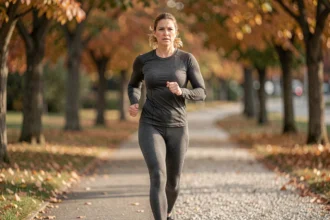 Femme marchant rapidement dans un parc en tenue de sport pour perdre du poids grâce à la marche rapide