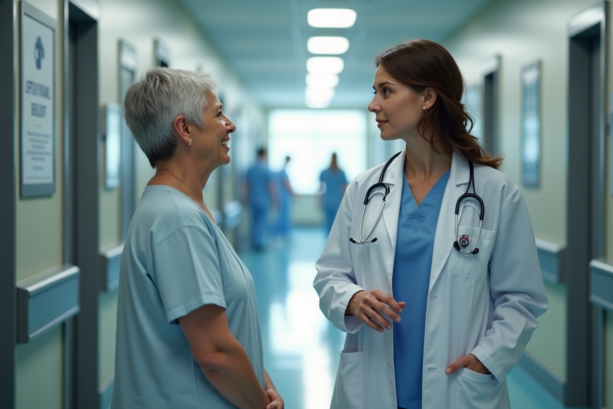 Femme médecin en consultation avec une patiente dans le couloir