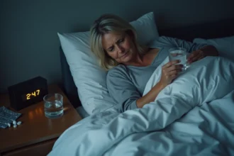 Femme adulte allongée dans son lit la nuit tenant un médicament et un verre d'eau pour soulager la douleur