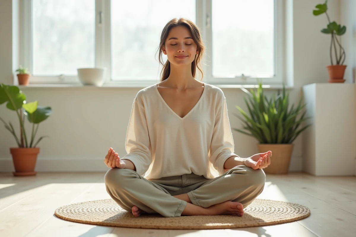Femme pratiquant une méthode de bien-être mindful dans un espace minimaliste à domicile