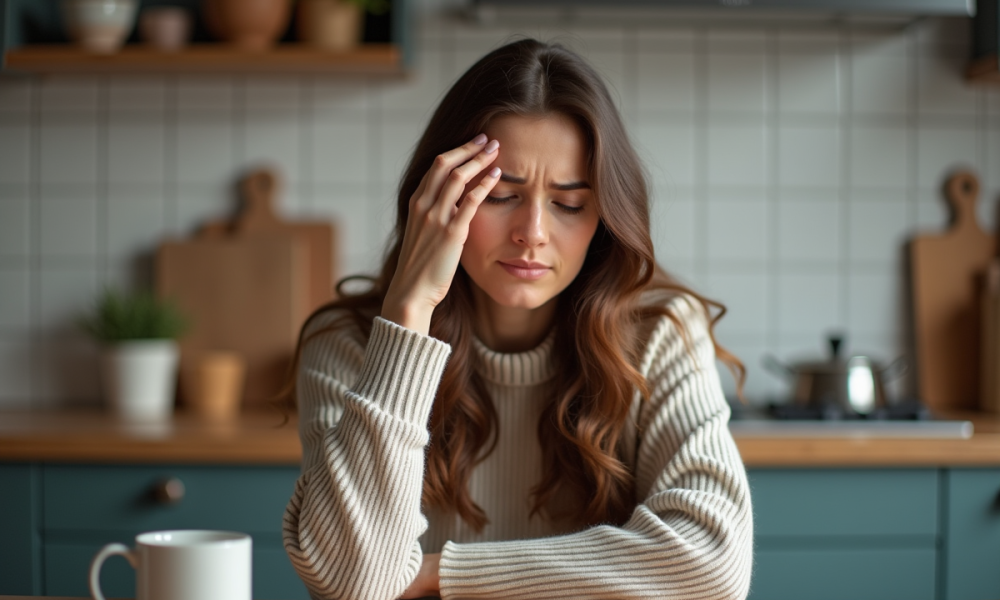 Femme d'âge moyen assise à la cuisine en automne