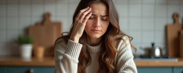 Femme d'âge moyen assise à la cuisine en automne