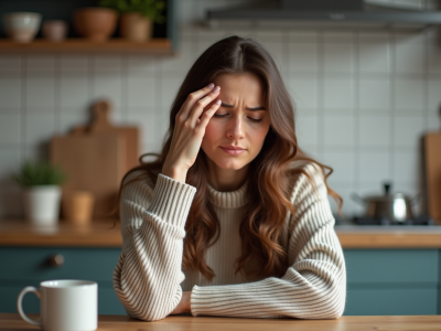 Femme d'âge moyen assise à la cuisine en automne