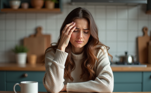 Femme d'âge moyen assise à la cuisine en automne