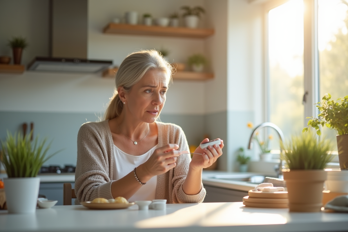 Femme d'âge moyen vérifiant son taux de sucre au glucomètre