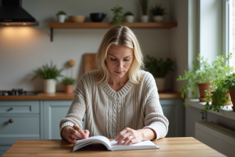 Femme lisant un guide nutrition dans une cuisine moderne
