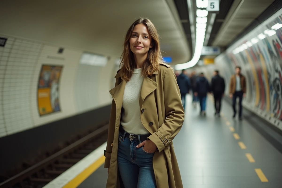 Femme confiante dans le métro parisien en trench