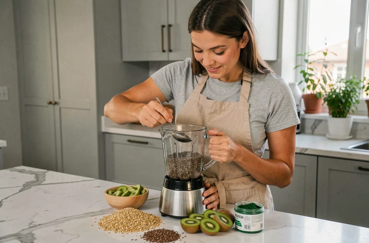 Jeune femme préparant un smoothie bowl végétarien riche en oméga 3 avec graines de lin, graines de chia et spiruline dans une cuisine moderne