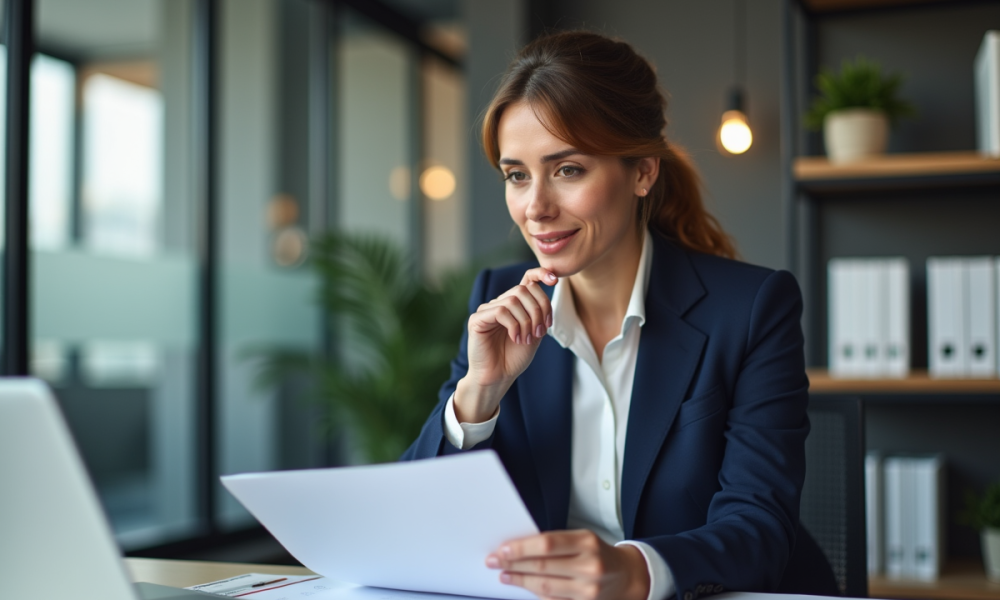 Femme professionnelle en bureau moderne avec documents