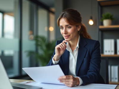 Femme professionnelle en bureau moderne avec documents