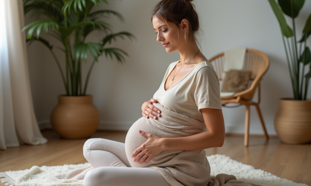 Femme en postnatal avec rebozo dans un intérieur paisible
