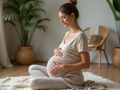 Femme en postnatal avec rebozo dans un intérieur paisible