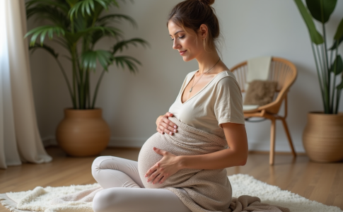 Femme en postnatal avec rebozo dans un intérieur paisible