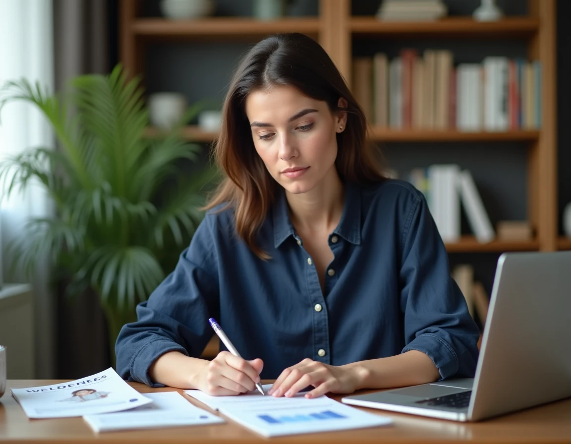 Femme consultant des avis consommateurs sur des produits minceur à son bureau avec journal de bien-être et ordinateur