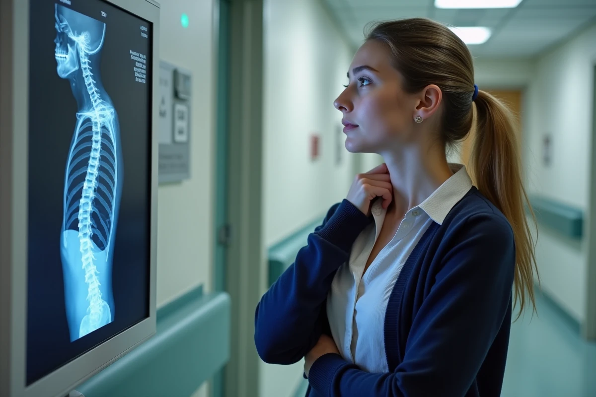 Femme regardant un rayon cervical dans un couloir hospitalier