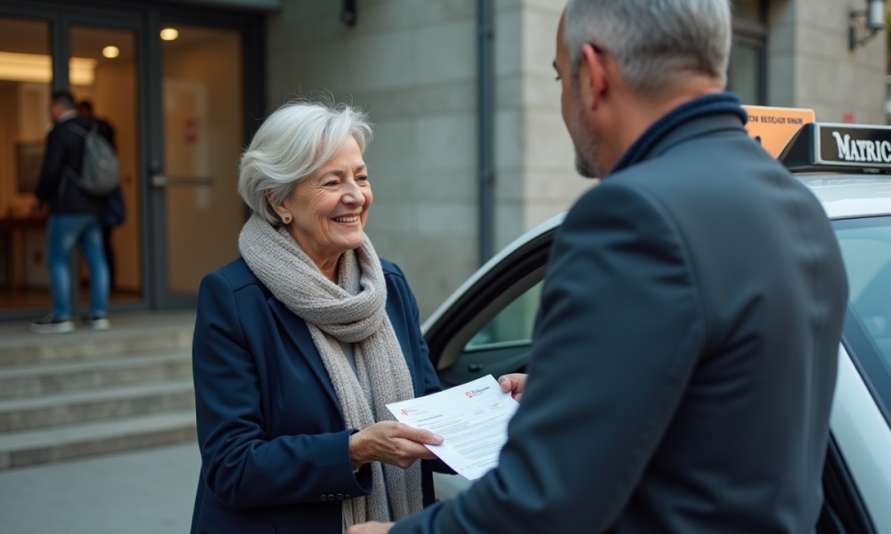 Femme souriante remet un certificat médical au taxi