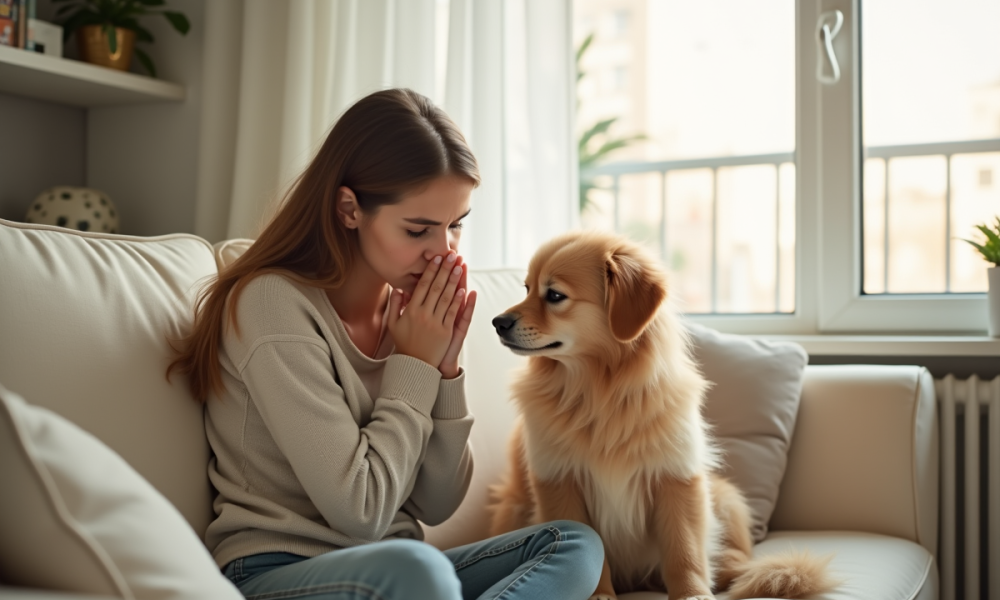 Jeune femme reniflant près d'un chien sur le canapé lumineux