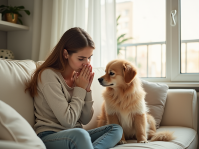 Jeune femme reniflant près d'un chien sur le canapé lumineux
