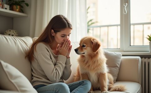 Jeune femme reniflant près d'un chien sur le canapé lumineux