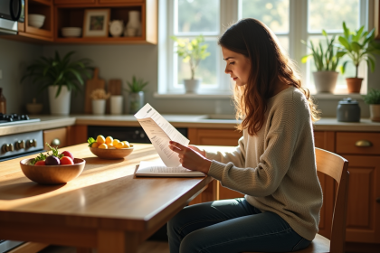 Femme lisant un dépliant nutrition dans la cuisine lumineuse