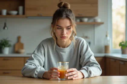 Jeune femme lisant une étiquette de boisson santé