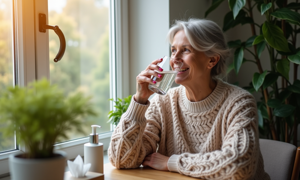Femme souriante buvant de l'eau près des plantes