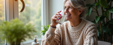Femme souriante buvant de l'eau près des plantes