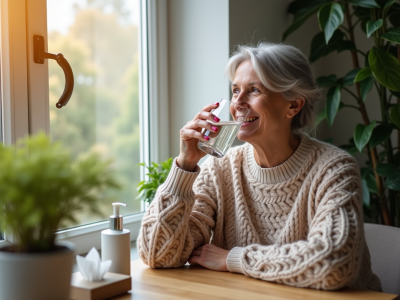 Femme souriante buvant de l'eau près des plantes