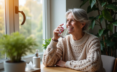 Femme souriante buvant de l'eau près des plantes