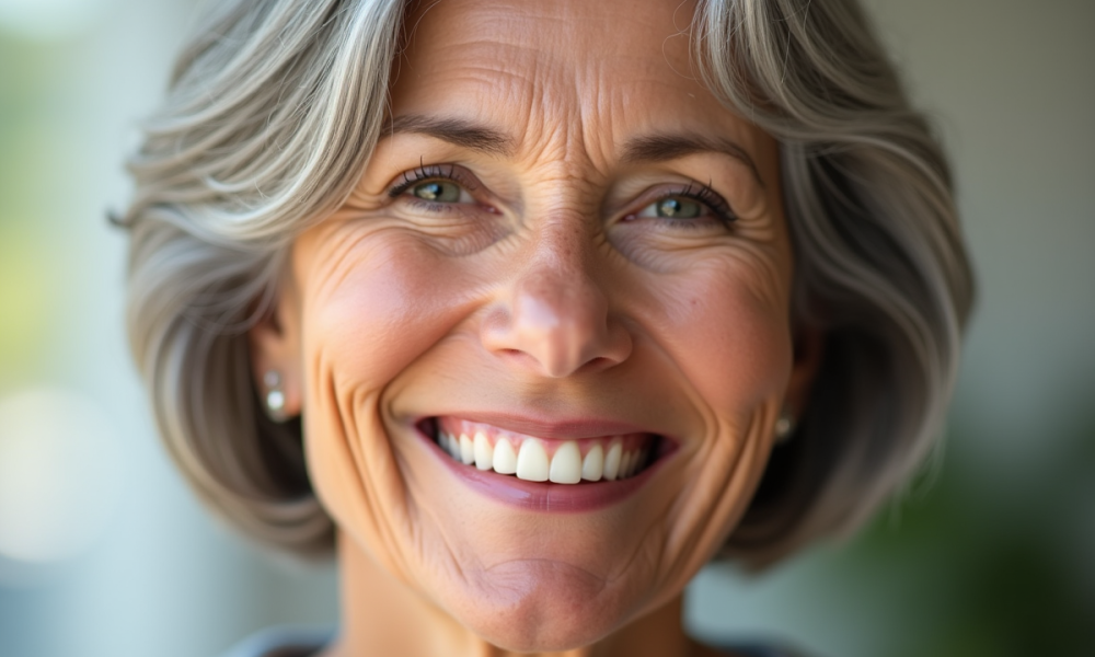 Femme senior souriante avec peau saine et cheveux gris brillants