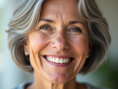 Femme senior souriante avec peau saine et cheveux gris brillants