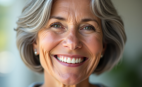 Femme senior souriante avec peau saine et cheveux gris brillants