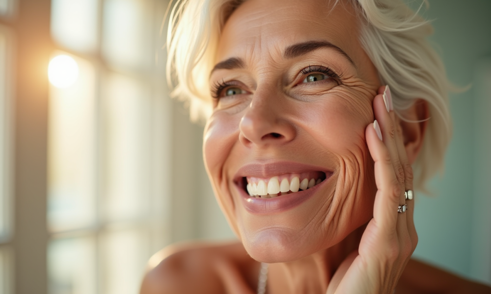 Femme senior appliquant serum vitamine C dans salle lumineuse