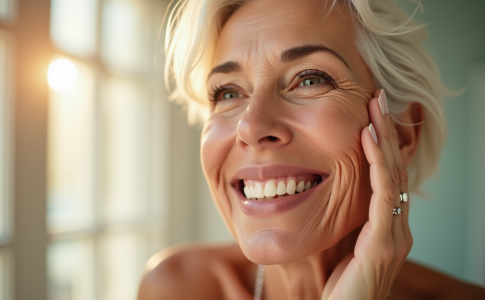 Femme senior appliquant serum vitamine C dans salle lumineuse