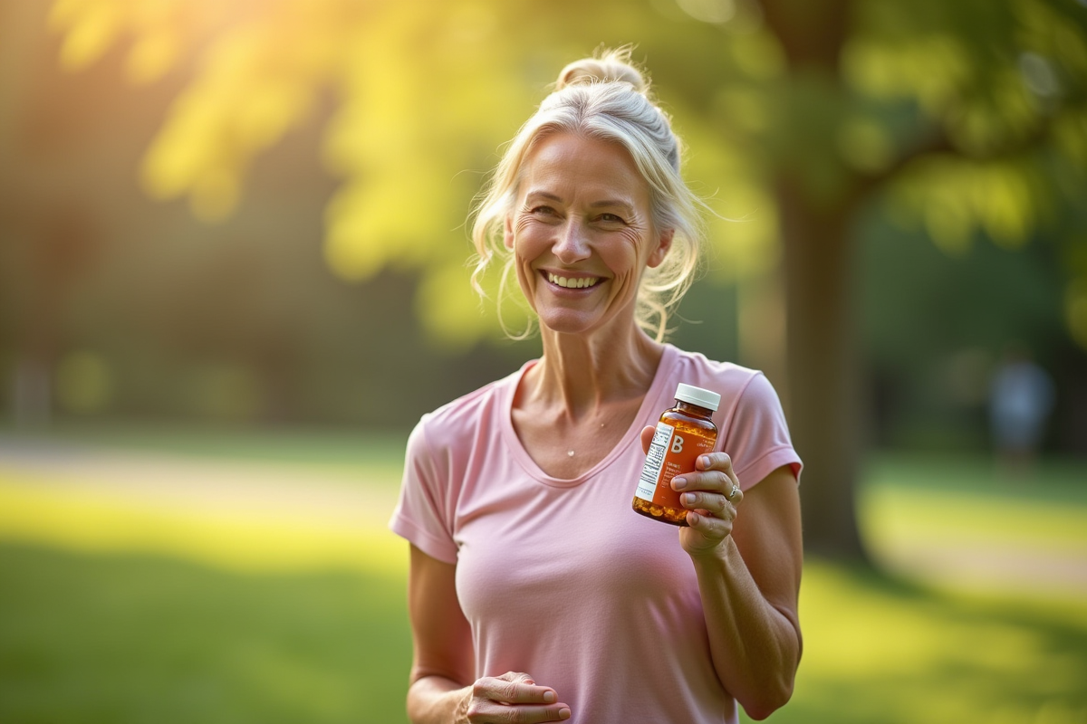 Femme senior souriante tenant des capsules de vitamines dans un parc