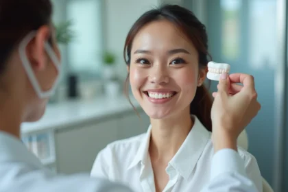 Femme souriante avec guide dentaire en clinique moderne