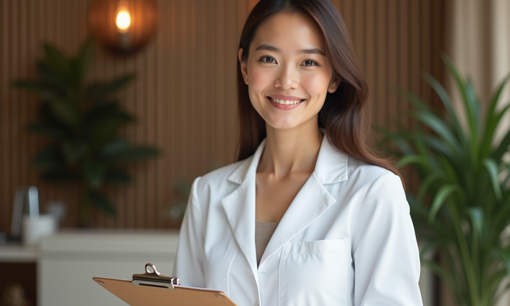 Femme confiante en blouse blanche dans un spa élégant