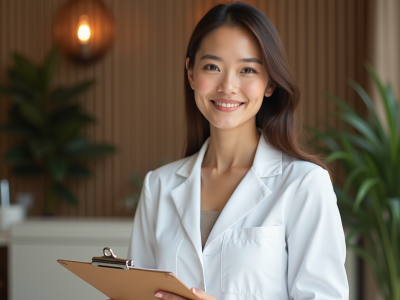 Femme confiante en blouse blanche dans un spa élégant