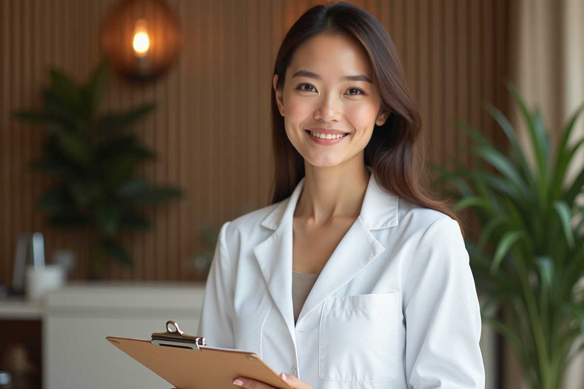 Femme confiante en blouse blanche dans un spa élégant
